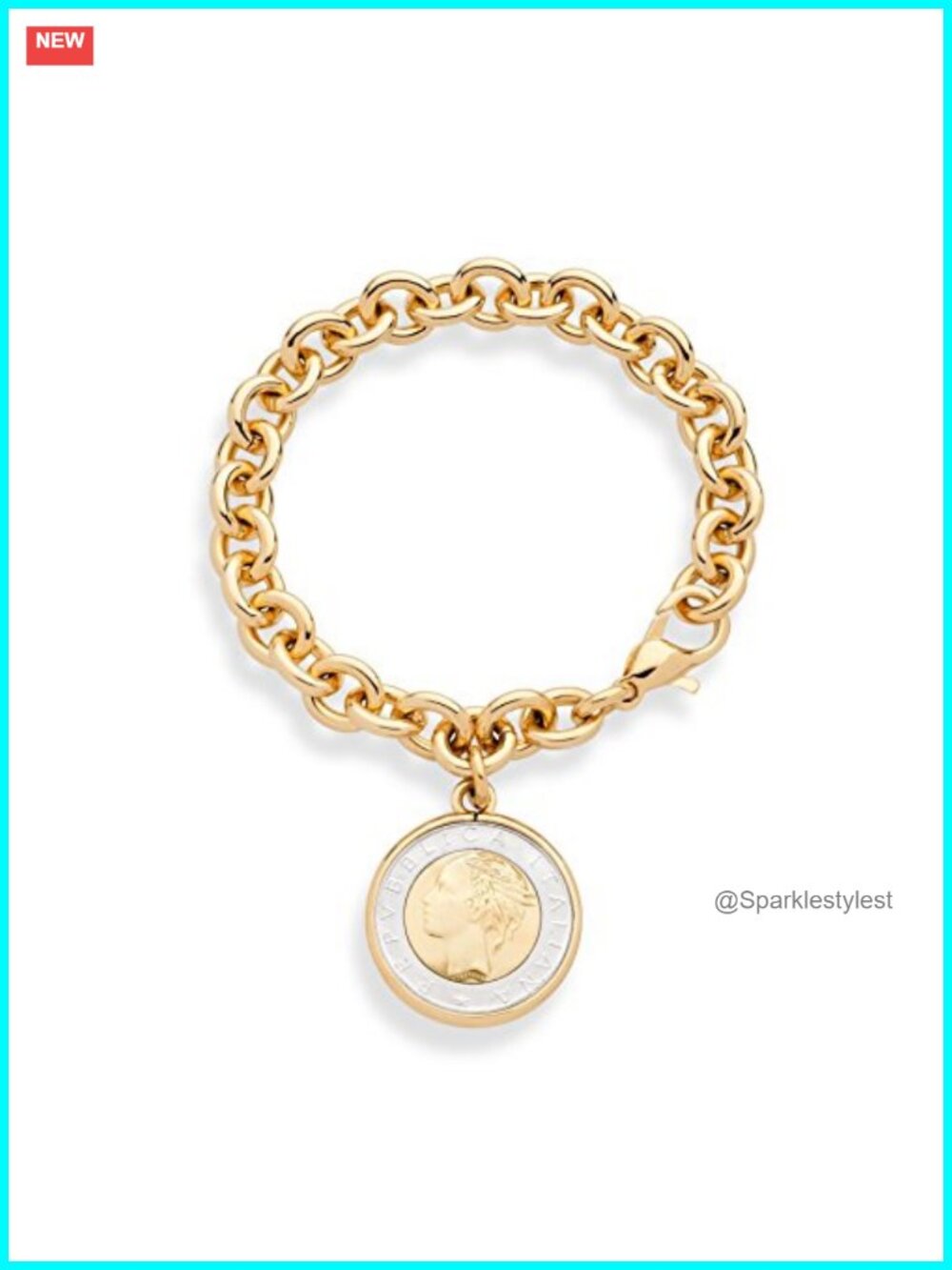 18K Gold Plated Bronze 500 Lira Coin Charm Rolo Link Bracelet for Women